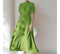 Elegante abito in chiffon da donna con design plissettato sul busto, maniche a palloncino, vita stretta, gonna ampia, minimalista e versatile per l'ufficio, lunghezza al ginocchio L,M,S,XLColore unico