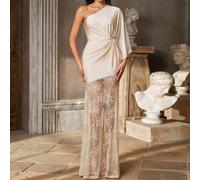 Elegante abito in maglia con spalla obliqua in pizzo color albicocca, abito da sera asimmetrico con vita in stile patchwork, orlo a sirena trasparente, adatto per banchetti, eventi di influencer, cele
