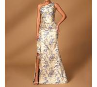 Elegante abito in raso di color champagne jacquard, con una spalla, arricciato, con volant e spacco a sirena, adatto per matrimoni, addio al nubilato, vacanze, madre della sposa L,M,S,XL,XS,XXL,XXS,XX