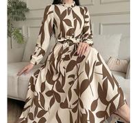 Elegante abito lungo a maniche lunghe con stampa floreale marrone e volant, abito camicia a vita con bottoni, linea ad A, adatto per ufficio, lavoro e vacanza L,M,S,XL,XSStampa CasualeTessuto intrecci