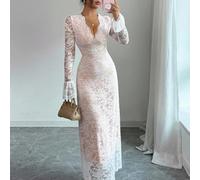 Elegante abito lungo a sirena in pizzo bianco aderente con maniche lunghe in pizzo, adatto per l'autunno/inverno L,M,S,XLPizzo