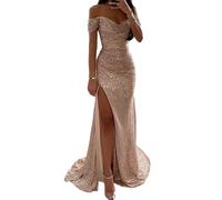 Elegante abito lungo argento paillettes scollo a V spalle scoperte per sera fest