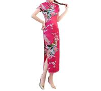 Elegante Abito Lungo Cheongsam Donna Vintage Cinese Cerimonia Evento Rosso Rosa