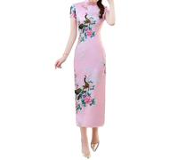 Elegante Abito Lungo Cheongsam Donna Vintage Cinese Cerimonia Evento Rosso Rosa
