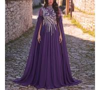 Elegante abito lungo con collo alto e maniche lunghe - Ricamo di perle sfumato, maniche in rete trasparente, strascico lungo - Adatto per partecipare a gala, matrimoni, celebrazioni ed eventi sul red