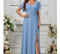 Elegante abito lungo con spacco alto, di colore tinta unita, adatto per occasioni eleganti durante la stagione primaverile di matrimoni. sulle maniche, vita alta, abito da damigella d'onore L,M,S,XL,X