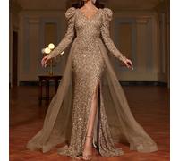 Elegante abito lungo con spacco, maniche lunghe e paillettes, con una raffinata gonna in tulle. Abito da sera di lusso adatto per matrimoni, feste o eventi formali come ricevimenti reali. L,M,S,XL,XSP