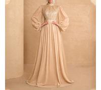 Elegante abito lungo da donna in chiffon blu navy con colletto alto con paillettes e maniche a vescovo per feste e matrimoni autunnali L,M,S,XLColore unicoChiffon