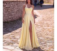 Elegante abito lungo da donna in raso con spalline sottili, design con coppe imbottite, gonna svasata e chiusura con cerniera, giallo da matrimonio e festa L,M,SColore unicoRaso
