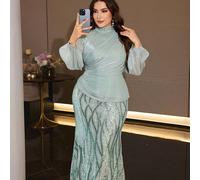 Elegante abito lungo da donna taglie forti a sirena, con colletto alto decorato con perline, maniche a vescovo e dettagli in paillettes, design 2 in 1 per matrimonio, festa e autunno 1XL,2XL,3XL,4XLCo