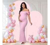 Elegante abito lungo da maternità con spalle scoperte e decorazione a fiocco, abito estivo rosa, adatto per festa di nascità e occasioni formali autunnali L,M,S,XLColore unicoTessuto in maglia