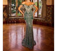Elegante abito lungo da sirena verde, design con spalle scoperte e decorazione con paillettes e nappine per matrimonio e festa L,M,S,XLTessuto in maglia