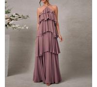 Elegante abito lungo romantico da invitata a un matrimonio in chiffon a balze con scollo all'americana tinta unita L,M,S,XL,XS,XXL,XXS,XXXL,XXXXLColore unicoTessuto intrecciato