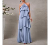 Elegante abito lungo romantico da invitata a un matrimonio in chiffon tinta unita con scollo all'americana e balze L,M,S,XL,XS,XXL,XXS,XXXL,XXXXLColore unicoTessuto intrecciato