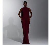 Elegante abito lungo romantico e alla moda, dignitoso, in tessuto elasticizzato, con collo rotondo, arricciature, silhouette a vaso aderente, orlo affusolato e spacco posteriore, adatto per celebrazio