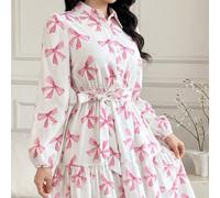 Elegante abito lungo rosa con stampa a fiocco, adatto per primavera/estate, abito camicia a più strati con cintura e maniche lunghe, abito casual da cerimonia, matrimonio, festa o vacanza L,M,S,XLStam