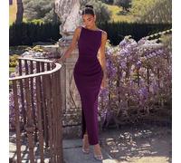 Elegante abito maxi da festa con scollo a barca, vita alta, pieghe e spacco laterale, lunghezza fino a terra, adatto per ballo di fine anno, festa di compleanno, cena, appuntamento, cena di matrimonio