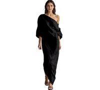 Elegante abito midi con spalle scoperte in grandi dimensioni a maniche lunghe romantiche moda estiva tunica a vita alta per vacanze ufficio quotidiano, Nero , XL