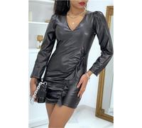 Elegante Abito Mini A Maniche Lunghe Da Donna In Ecopelle Nero #MK3124