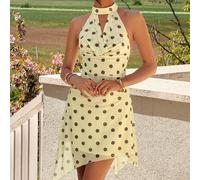 Elegante abito mini formale casual francese in maglia con spalle scoperte, pois, drappeggio e orlo con volant, giallo, per cena di prova, ospite di matrimonio, estate L,M,S,XL,XS,XXL,XXS,XXXL,XXXXLsta