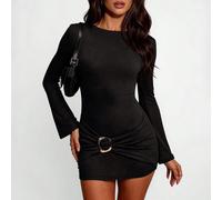 Elegante abito mini nero con arricciature, patchwork e decorazioni in metallo, stile sexy chic da sirena d'ufficio per serate autunnali, outfit da dea Y2K per ragazze alla moda e ballo di fine anno L,