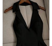 Elegante abito mini nero senza maniche e senza schienale, design a portafoglio con colletto e linea ad A, scelta perfetta per la festa di ritorno a scuola in estate L,M,S,XLColore unicoChiffon