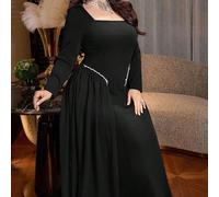 Elegante abito regular in chiffon con scollo quadrato, maniche lunghe, decorazione di perle e vita arricciata, disponibile in colori uniti, adatto per la primavera e l'autunno, taglie comode 0XL,1XL,2
