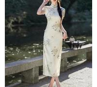 Elegante abito retrò cheongsam da donna con maniche corte in mostra un elegante colletto alla coreana adatto tutto l'anno (XXXL beige)