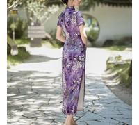 Elegante abito retrò cheongsam da donna con maniche corte in mostra un elegante colletto alla coreana adatto tutto l'anno (XXL viola)