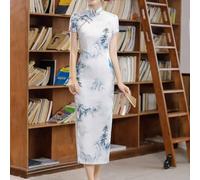 Elegante abito retrò cheongsam da donna con maniche corte in mostra un elegante colletto alla coreana adatto tutto l'anno (M bianco)
