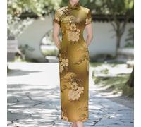 Elegante abito retrò cheongsam da donna con maniche corte in mostra un elegante colletto alla coreana adatto tutto l'anno (XXL Oro)