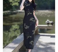 Elegante abito retrò cheongsam da donna con maniche corte in mostra un elegante colletto alla coreana adatto tutto l'anno (XXXL nero)