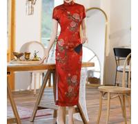 Elegante abito retrò cheongsam da donna con maniche corte in mostra un elegante colletto alla coreana adatto tutto l'anno (XL rosso)