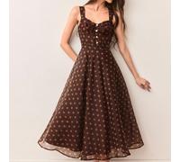 Elegante abito retrò francese romantico e grazioso con stampa a pois in organza, plissettato sulla parte anteriore, con spalline a spaghetti e linea ad A per le donne L,M,S,XSGeometrico,Tradizione pop