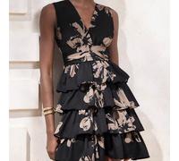 Elegante abito senza maniche con scollo a V e fiocco in vita a forma di farfalla, gonna a strati come una torta, silhouette aderente a-line, tessuto leggero e fluido, adatto per feste in discoteca, ev