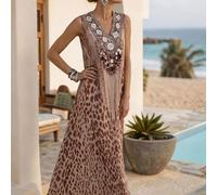 Elegante abito urban chic con base color cachi e stampa leopardata, scollo a V, pizzo ricamato, senza maniche, vita alta, linea ad A, lunghezza alla caviglia. Adatto per uso quotidiano, matrimoni, cen