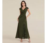 Elegante abito verde oliva per invitati a matrimonio in giardino, design con scollo a V e busto plissettato, patchwork di paillettes per feste L,M,S,XL,XXLColore unicoTessuto in maglia