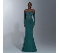 Elegante abito verde romantico in pizzo e maglia, con spalle scoperte, maniche lunghe trasparenti staccabili, design con taglio in vita, orlo asimmetrico con volant plissettati, adatto per appuntament