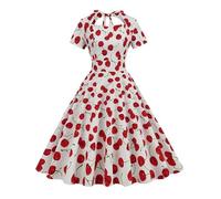 Elegante Abito Vintage Svasato a Fiori con Linea ad A, Abito Svasato Casual a Maniche Corte in Cotone con Stampa Ciliegia, Abiti Corti da Donna retrò per Feste solari-1-S