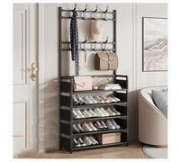 Elegante appendiabiti autoportante nero con 5 ripiani per scarpe, design robusto e spesso e angoli arrotondati per la sicurezza, perfetto per l'ingresso