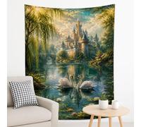 Elegante arazzo blu e verde, cigni e castelli da appendere alla parete, arazzo incantato estetico per soggiorno, camera da letto, decorazione per la casa, 178 x 228 cm