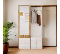 Elegante armadio in legno bianco con specchio, set di guardaroba, scarpiera, sgabello con gancio, appendiabiti estraibile, adatto per lo stoccaggio moderno in camera da letto e corridoi