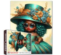 Elegante bambola puzzle da 1000 pezzi per adulti elegante ragazza nera puzzle abito verde acqua e cappello floreale puzzle alla moda per le donne vintage glam art puzzle estetico stimolante regalo