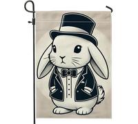 Elegante bandiera da giardino a forma di coniglio, con cappello a cilindro e papillon a forma di coniglio, decorazione per esterni, bandiera in iuta su entrambi i lati, per la decorazione della casa e