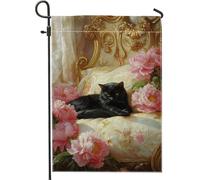 Elegante bandiera da giardino a forma di gatto, con peonia e pesca, decorazione floreale per la casa e il cortile, in iuta su entrambi i lati, per feste primaverili ed estive, 30,5 x 45,7 cm