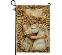 Elegante bandiera da giardino con angelo e cavallo magico, bandiera decorativa per la casa con ali dorate, bandiera su entrambi i lati per decorazione stagionale esterna 30,5 x 45,7 cm
