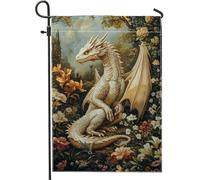 Elegante bandiera da giardino con drago bianco, creatura fantasy, decorazione floreale per esterni, striscione stagionale su entrambi i lati, per casa e giardino, 30,5 x 45,7 cm