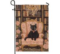 Elegante bandiera da giardino con gatti, accogliente motivo floreale e biblioteca, striscione decorativo per la casa, bandiera da cortile in iuta su entrambi i lati, per tutte le stagioni e uso