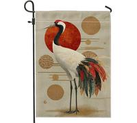 Elegante bandiera da giardino con gru, cerchio rosso uccello asiatico decorazione per esterni, striscione per prato primaverile estivo, doppio lato, bellissimo tessuto decorazione per cortile 71 x 101