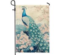 Elegante bandiera da giardino con pavone, striscione decorativo blu per uccelli, decorazione per prato all'aperto primaverile ed estate, opera d'arte su entrambi i lati per casa e giardino, design
